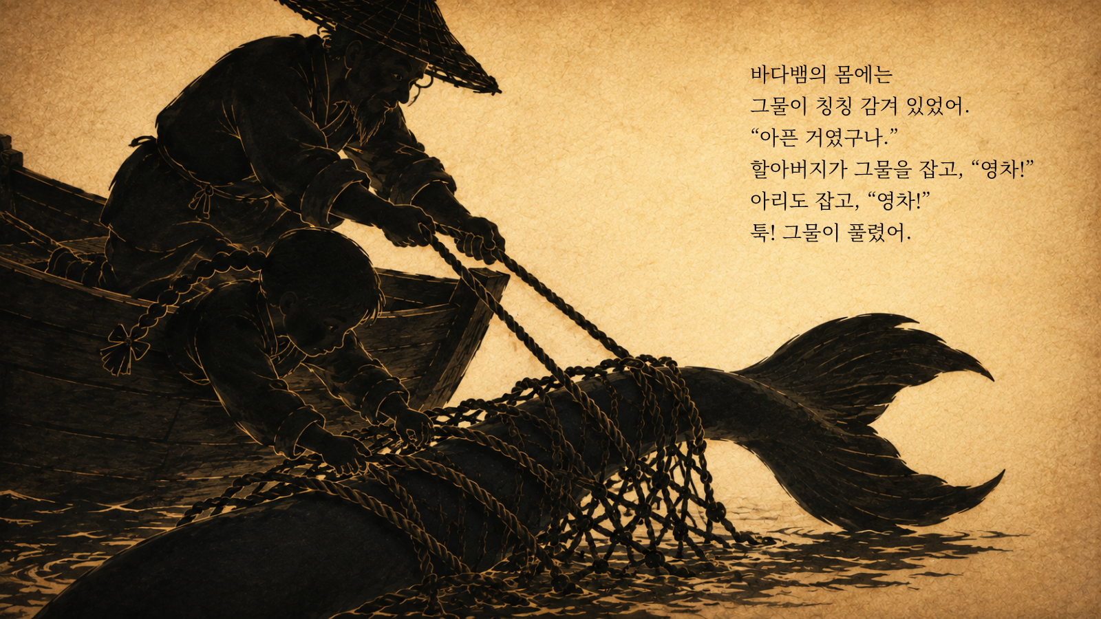 바다뱀의 몸에는 그물이 칭칭 감겨 있었어. “아픈 거였구나.” 할아버지가 그물을 잡고, “영차!” 아리도 잡고, “영차!” 툭! 그물이 풀렸어.