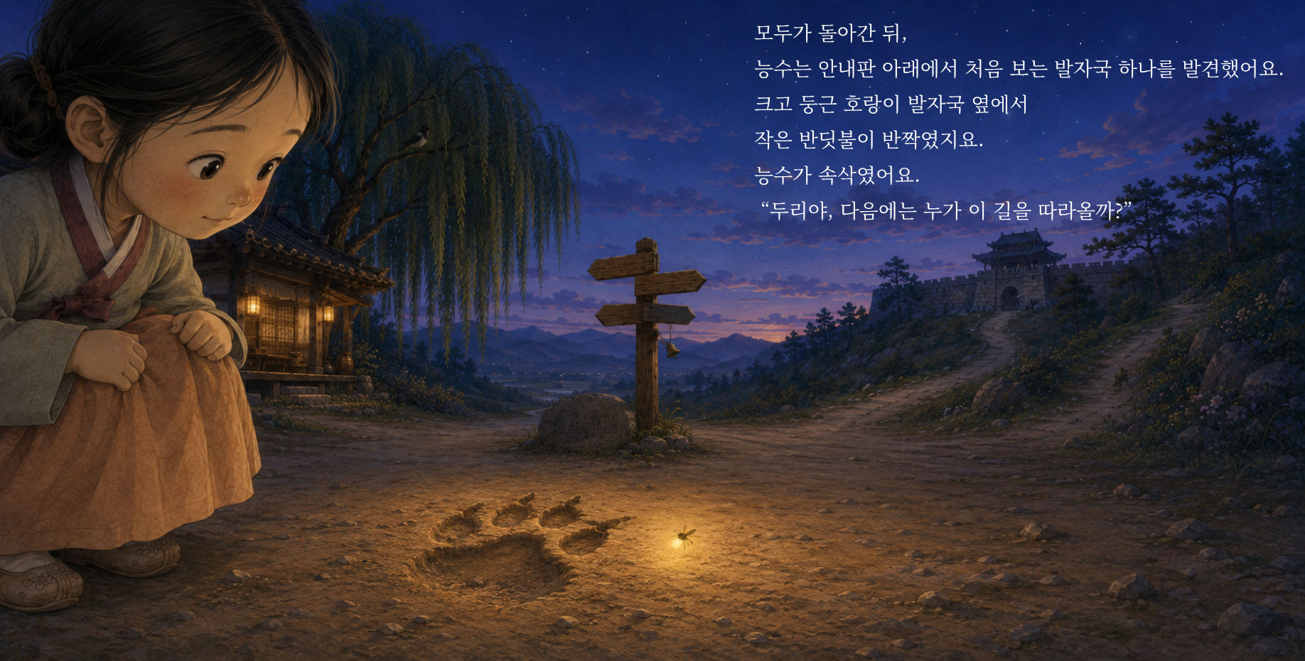 모두가 돌아간 뒤, 능수는 안내판 아래에서 처음 보는 발자국 하나를 발견했어요. 크고 둥근 호랑이 발자국 옆에서 작은 반딧불이 반짝였지요. 능수가 속삭였어요. “두리야, 다음에는 누가 이 길을 따라올까?”