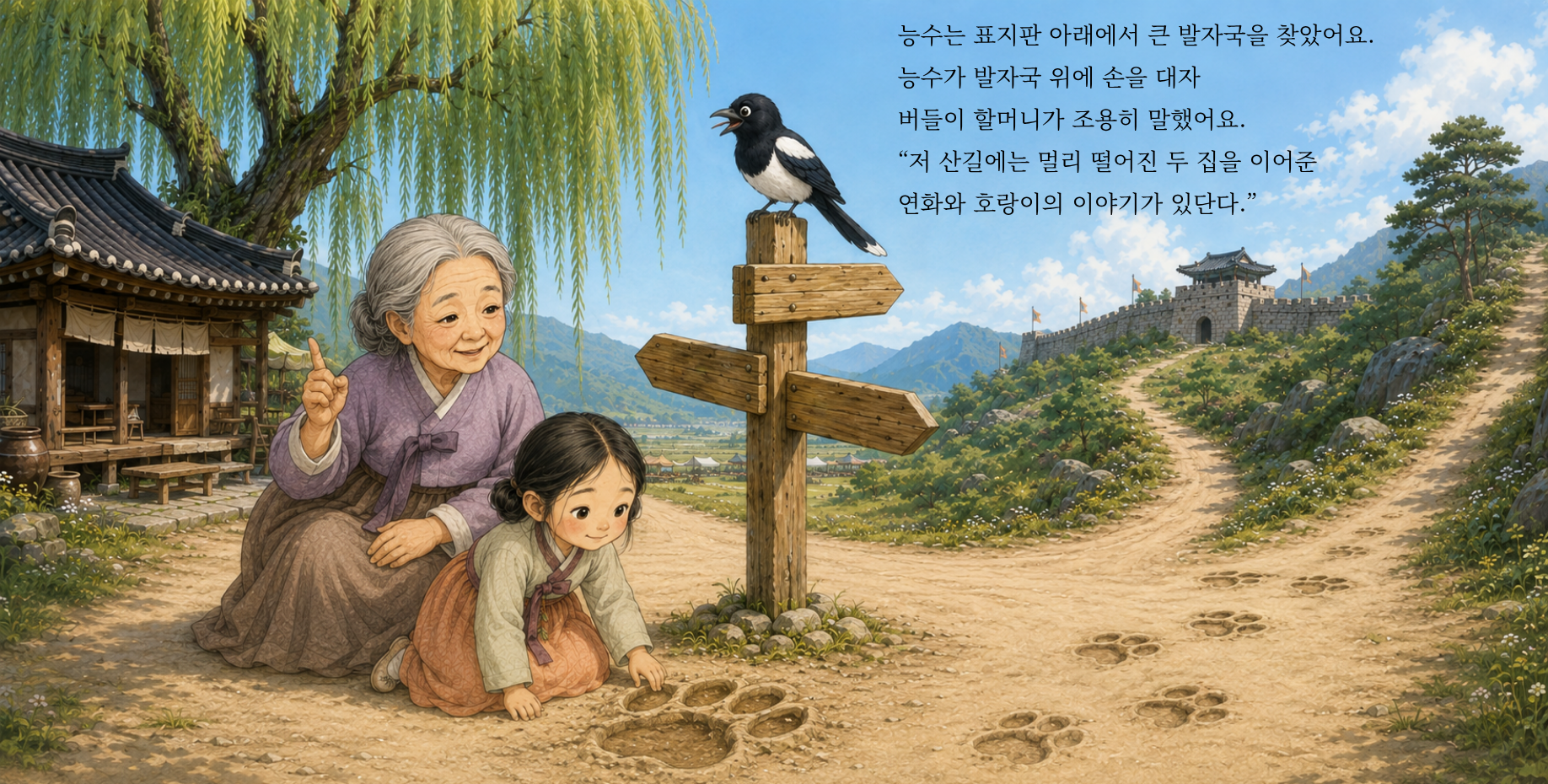능수는 표지판 아래에서 큰 발자국을 찾았어요. 능수가 발자국 위에 손을 대자 버들이 할머니가 조용히 말했어요. “저 산길에는 멀리 떨어진 두 집을 이어 준 연화와 호랑이의 이야기가 있단다.”