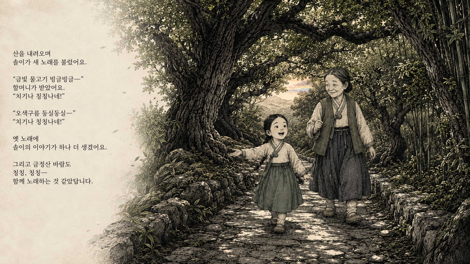 산을 내려오며 솔이가 새 노래를 불렀어요. “금빛 물고기 빙글빙글—” 할머니가 받았어요. “치기나 칭칭나네!” “오색구름 둥실둥실—” “치기나 칭칭나네!” 옛 노래에 솔이의 이야기가 하나 더 생겼어요. 그리고 금정산 바람도 칭칭, 칭칭— 함께 노래하는 것 같았답니다.