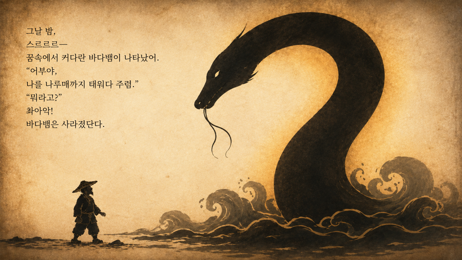 그날 밤, 스르르르— 꿈속에서 커다란 바다뱀이 나타났어. “어부야, 나를 나루매까지 태워다 주렴.” “뭐라고?” 촤아악! 바다뱀은 사라졌단다.