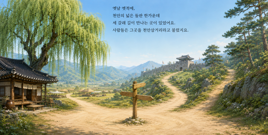 옛날 옛적에, 천안의 넓은 들판 한가운데 세 갈래 길이 만나는 곳이 있었어요. 사람들은 그곳을 천안삼거리라고 불렀지요.