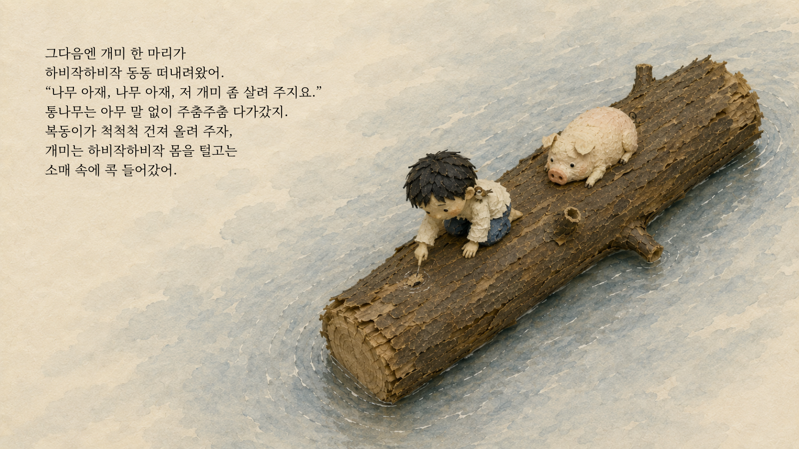 그다음엔 개미 한 마리가 하비작하비작 동동 떠내려왔어. "나무 아재, 나무 아재, 저 개미 좀 살려 주지요." 통나무는 아무 말 없이 주춤주춤 다가갔지. 복동이가 척척척 건져 올려 주자, 개미는 하비작하비작 몸을 털고는 소매 속에 콕 들어갔어.