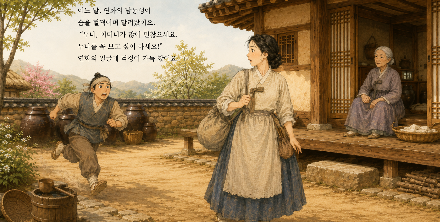 어느 날, 연화의 남동생이 숨을 헐떡이며 달려왔어요. “누나, 어머니가 많이 편찮으세요. 누나를 꼭 보고 싶어 하세요!” 연화의 얼굴에 걱정이 가득 찼어요.