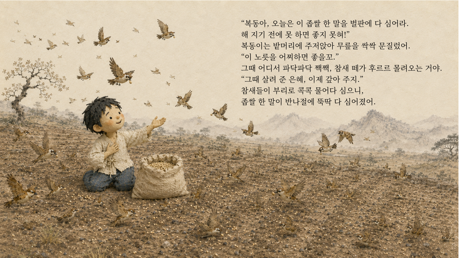 "복동아, 오늘은 이 좁쌀 한 말을 벌판에 다 심어라. 해 지기 전에 못 하면 좋지 못혀!" 복동이는 밭머리에 주저앉아 무릎을 싹싹 문질렀어. "이 노릇을 어찌하면 좋을꼬." 그때 어디서 파닥파닥 짹짹, 참새 떼가 후르르 몰려오는 거야. "그때 살려 준 은혜, 이제 갚아 주지." 참새들이 부리로 콕콕 물어다 심으니, 좁쌀 한 말이 반나절에 뚝딱 다 심어졌어.