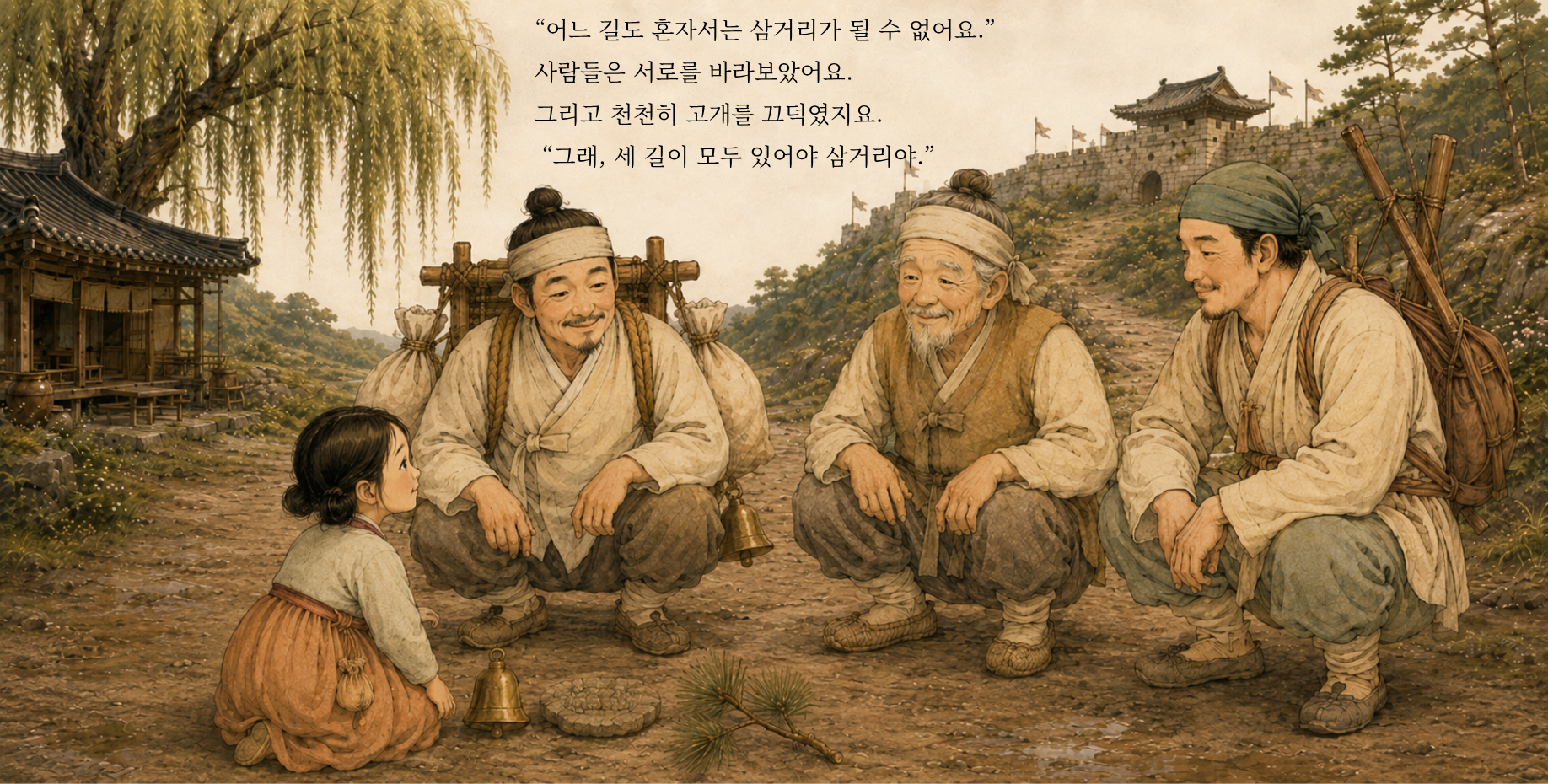“어느 길도 혼자서는 삼거리가 될 수 없어요.” 사람들은 서로를 바라보았어요. 그리고 천천히 고개를 끄덕였지요. “그래, 세 길이 모두 있어야 삼거리야.”