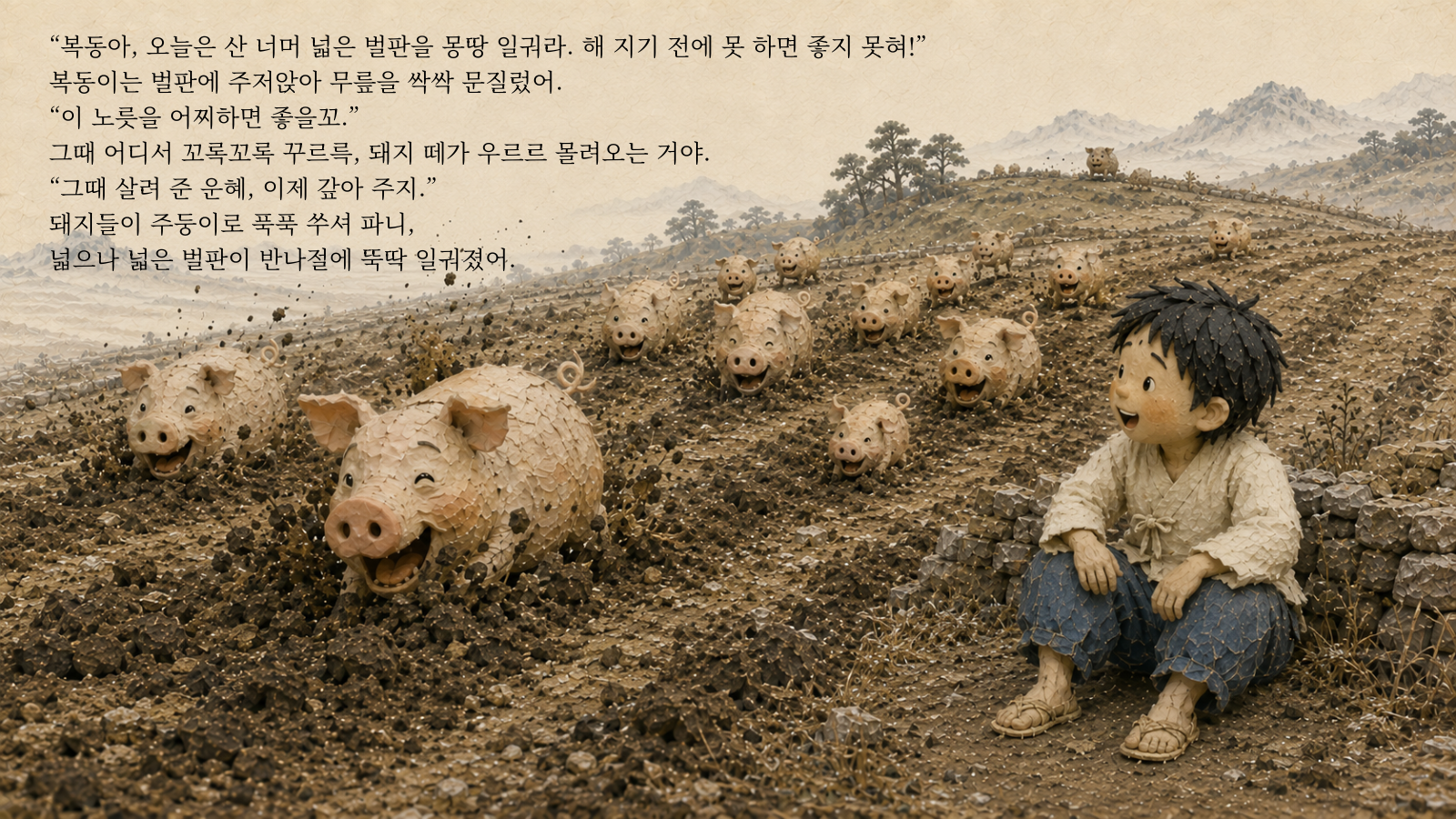"복동아, 오늘은 산 너머 넓은 벌판을 몽땅 일궈라. 해 지기 전에 못 하면 좋지 못혀!" 복동이는 벌판에 주저앉아 무릎을 싹싹 문질렀어. "이 노릇을 어찌하면 좋을꼬." 그때 어디서 꼬록꼬록 꾸르륵, 돼지 떼가 우르르 몰려오는 거야. "그때 살려 준 은혜, 이제 갚아 주지." 돼지들이 주둥이로 푹푹 쑤셔 파니, 넓으나 넓은 벌판이 반나절에 뚝딱 일궈졌어.