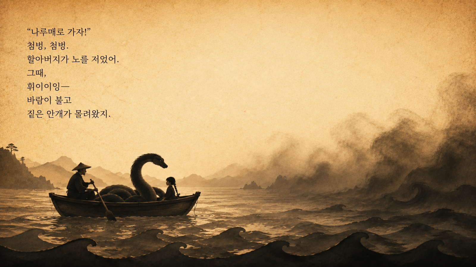 “나루매로 가자!” 첨벙, 첨벙. 할아버지가 노를 저었어. 그때, 휘이이잉— 바람이 불고 짙은 안개가 몰려왔지.