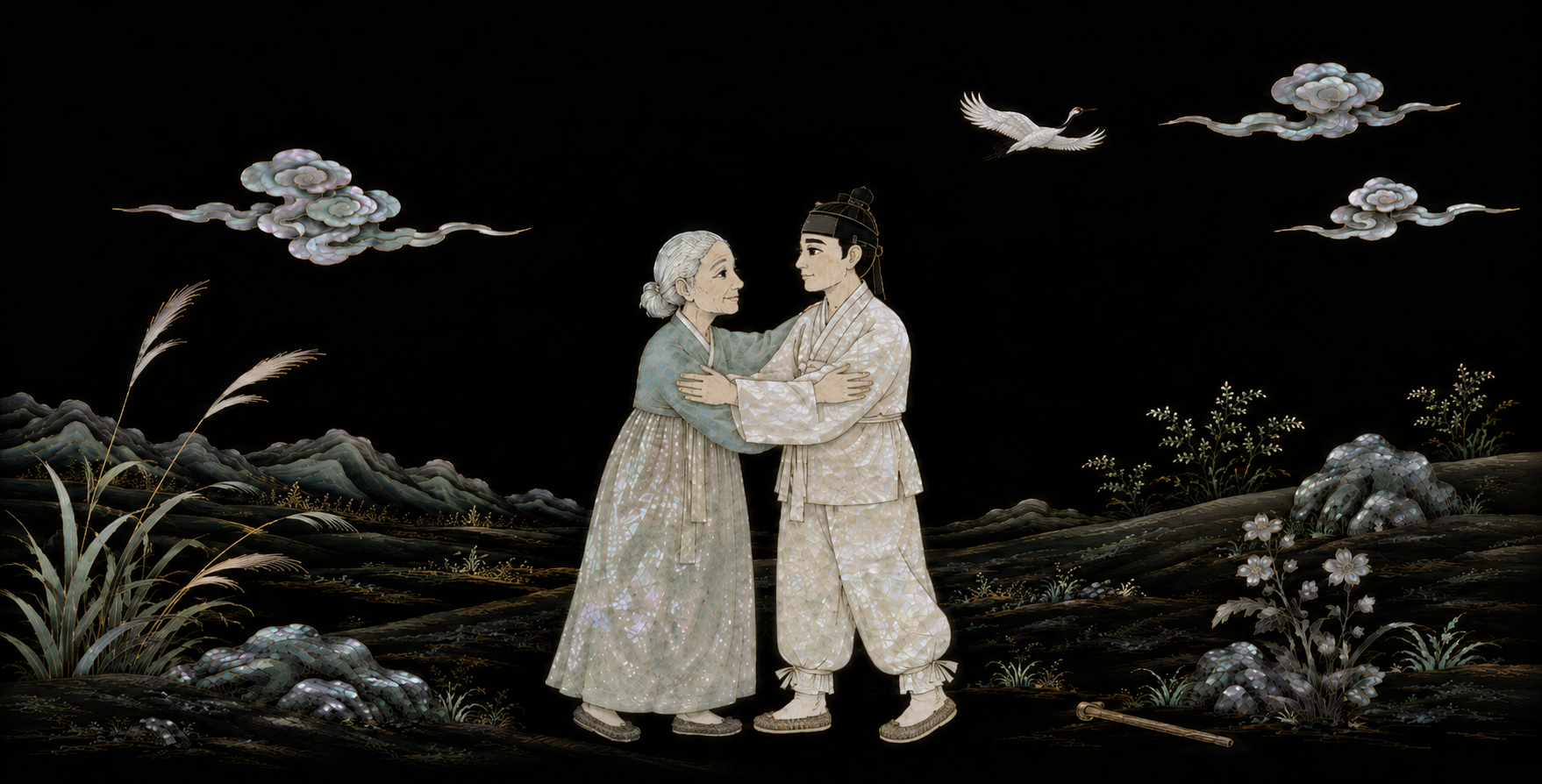 아들이 두 팔을 벌렸어요. 어머니는 숨을 크게 들이쉬고 한 걸음, 두 걸음, 세 걸음! 아들에게 걸어갔어요. “어머니!” 두 사람은 들판 한가운데서 서로를 꼭 끌어안았어요. 그 순간, 푸드드득— 하얀 학 한 마리가 두 사람 머리 위를 크게 돌았습니다.