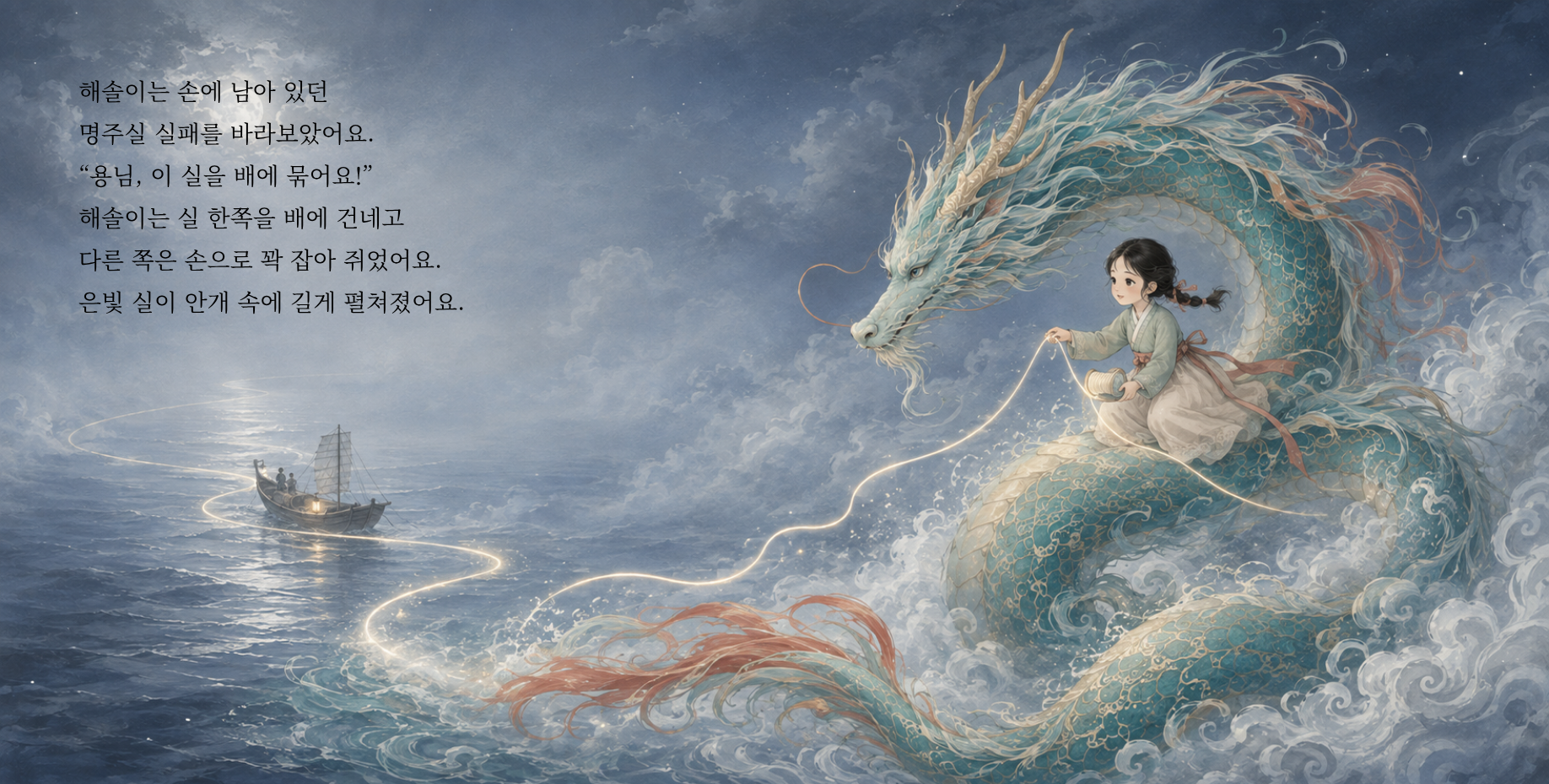 해솔이는 손에 남아 있던 명주실 실패를 바라보았어요. “용님, 이 실을 배에 묶어요!” 해솔이는 실 한쪽을 배에 건네고 다른 쪽은 손으로 꽉 잡아 쥐었어요. 은빛 실이 안개 속에 길게 펼쳐졌어요.