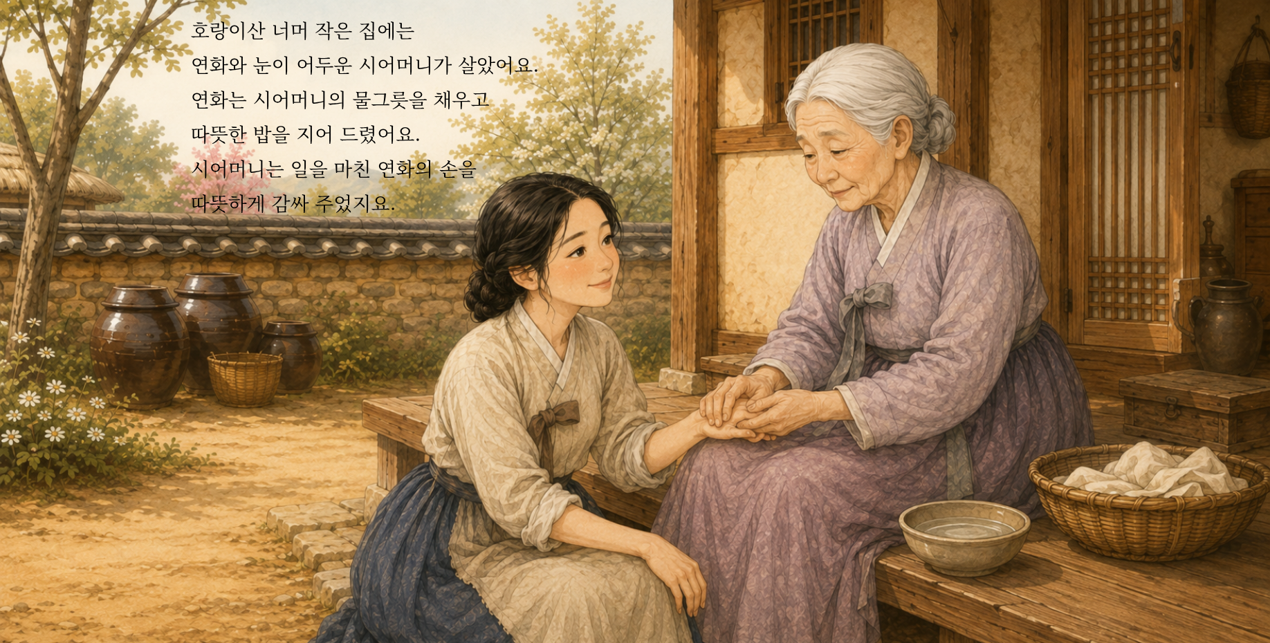 호랑이산 너머 작은 집에는 연화와 눈이 어두운 시어머니가 살았어요. 연화는 시어머니의 물그릇을 채우고 따뜻한 밥을 지어 드렸어요. 시어머니는 일을 마친 연화의 손을 따뜻하게 감싸 주었지요.