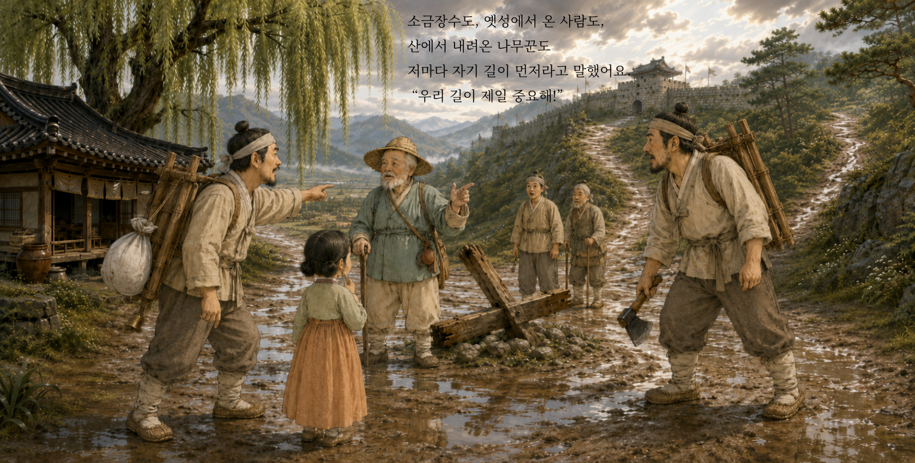 소금장수도, 옛성에서 온 사람도, 산에서 내려온 나무꾼도 저마다 자기 길이 먼저라고 말했어요. “우리 길이 제일 중요해!”