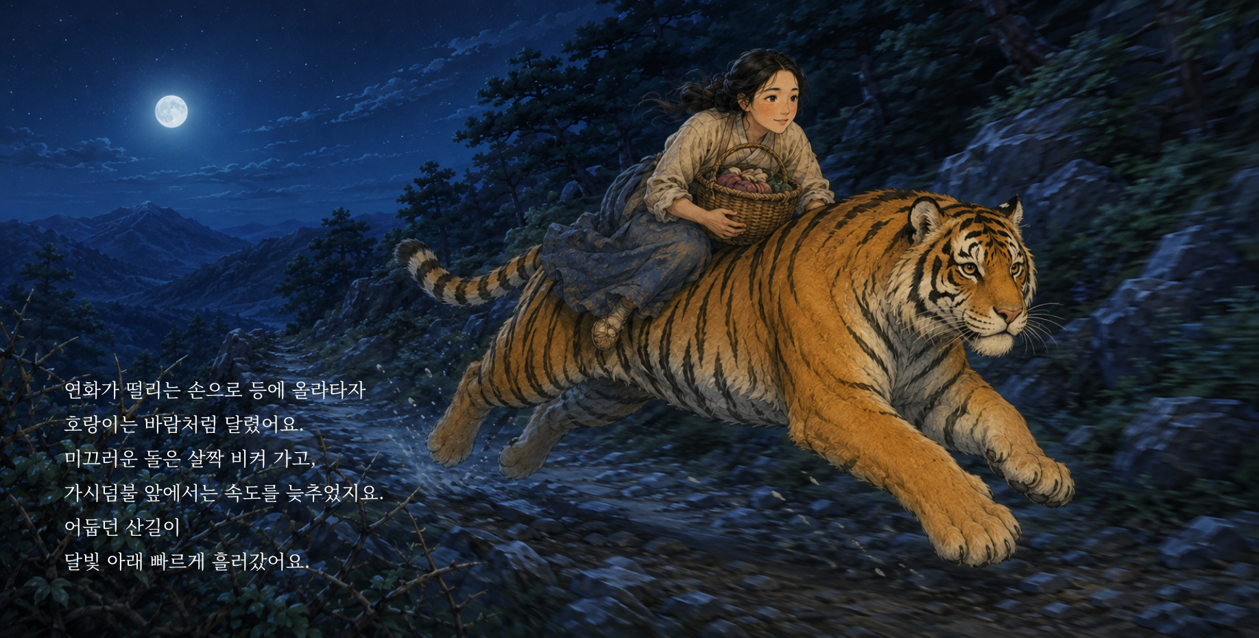 연화가 떨리는 손으로 등에 올라타자 호랑이는 바람처럼 달렸어요. 미끄러운 돌은 살짝 비켜 가고, 가시덤불 앞에서는 속도를 늦추었지요. 어둡던 산길이 달빛 아래 빠르게 흘러갔어요.