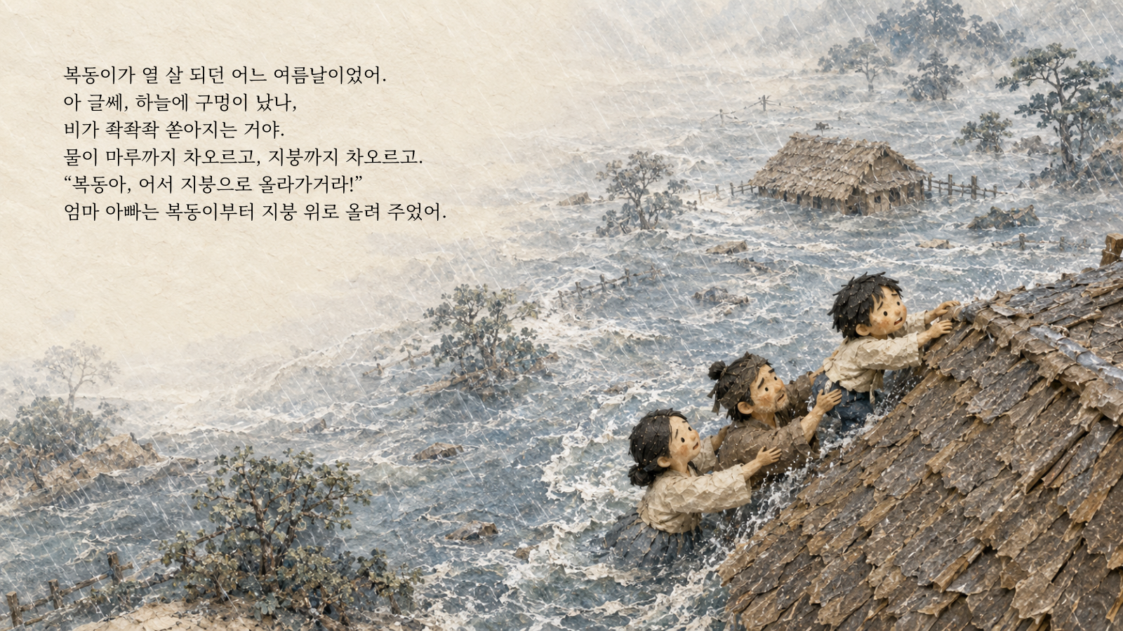 복동이가 열 살 되던 어느 여름날이었어. 아 글쎄, 하늘에 구멍이 났나, 비가 좍좍좍 쏟아지는 거야. 물이 마루까지 차오르고, 지붕까지 차오르고. "복동아, 어서 지붕으로 올라가거라!" 엄마 아빠는 복동이부터 지붕 위로 올려 주었어.