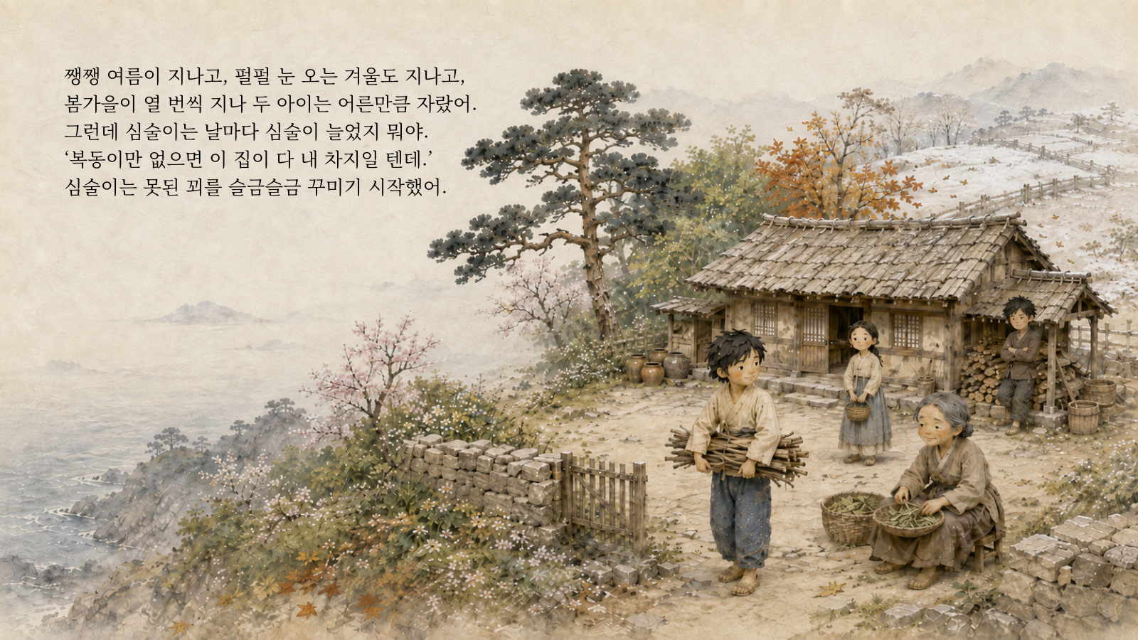 쨍쨍 여름이 지나고, 펄펄 눈 오는 겨울도 지나고, 봄가을이 열 번씩 지나 두 아이는 어른만큼 자랐어. 그런데 심술이는 날마다 심술이 늘었지 뭐야. '복동이만 없으면 이 집이 다 내 차지일 텐데.' 심술이는 못된 꾀를 슬금슬금 꾸미기 시작했어.