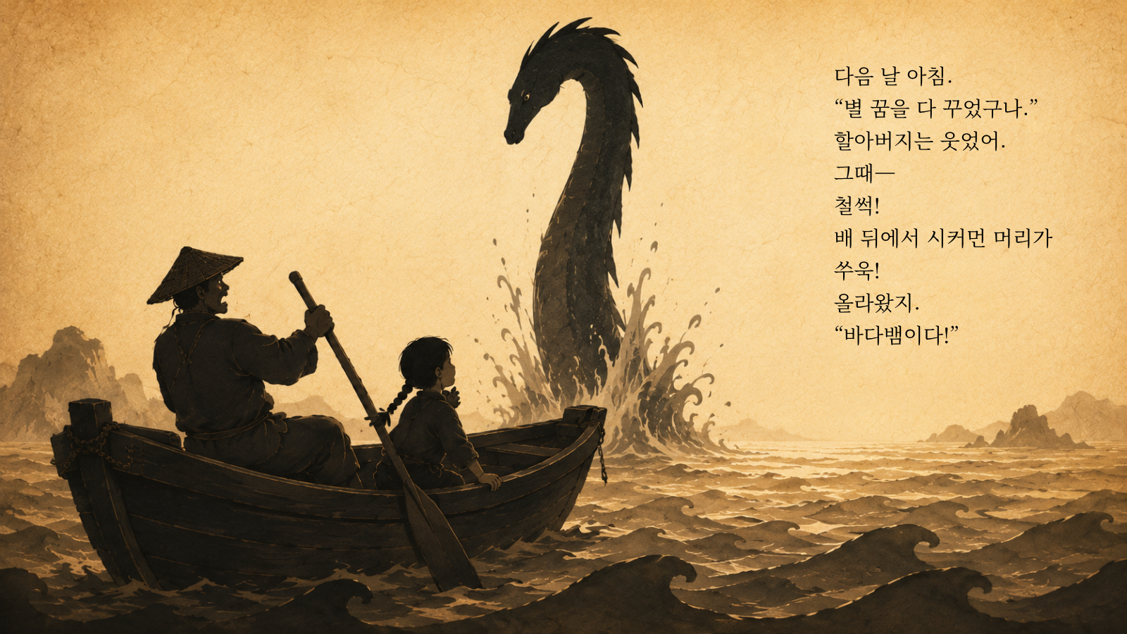 다음 날 아침. “별 꿈을 다 꾸었구나.” 할아버지는 웃었어. 그때— 철썩! 배 뒤에서 시커먼 머리가 쑤욱! 올라왔지. “바다뱀이다!”