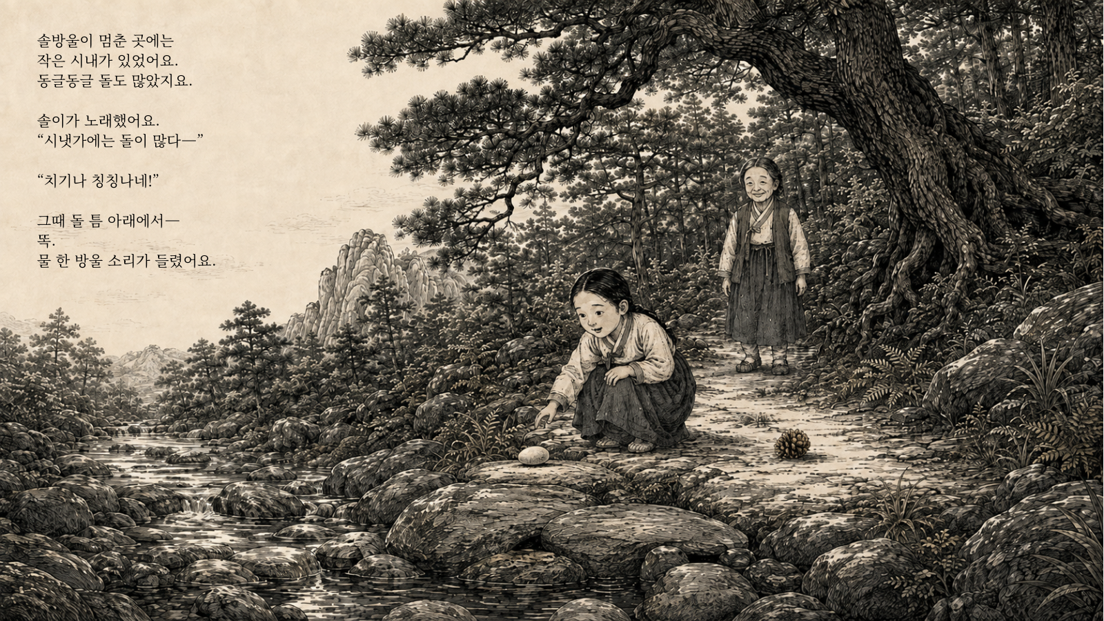 솔방울이 멈춘 곳에는 작은 시내가 있었어요. 동글동글 돌도 많았지요. 솔이가 노래했어요. “시냇가에는 돌이 많다—” “치기나 칭칭나네!” 그때 돌 틈 아래에서— 똑. 물 한 방울 소리가 들렸어요.