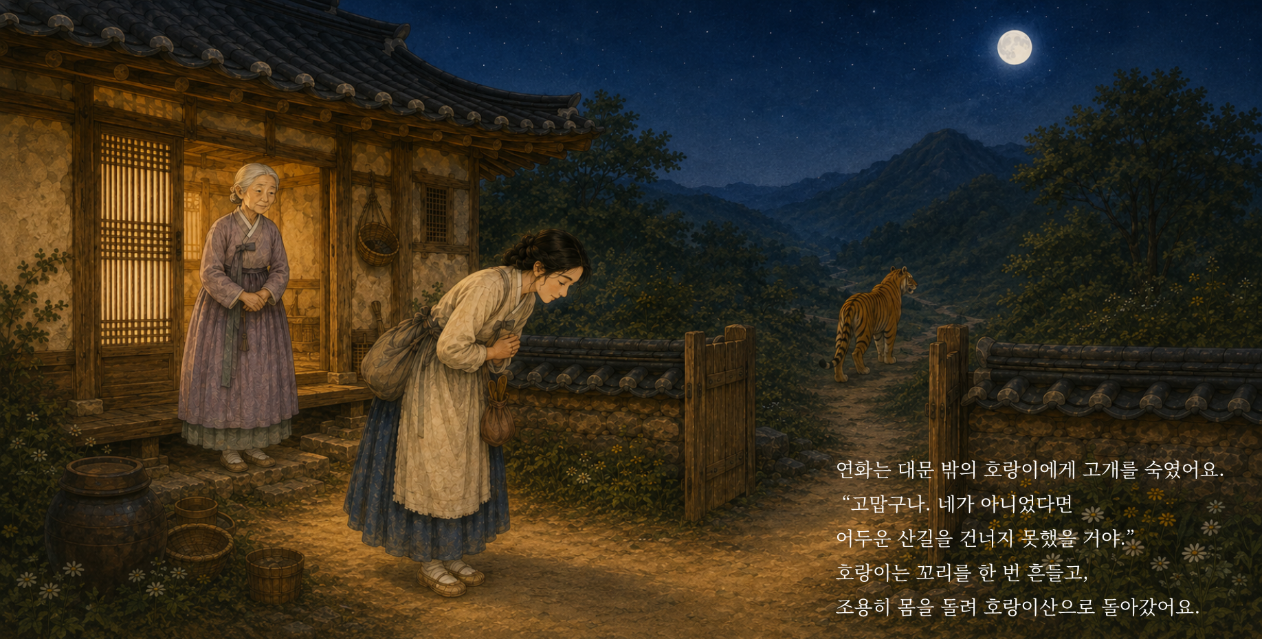 연화는 대문 밖의 호랑이에게 고개를 숙였어요. “고맙구나. 네가 아니었다면 어두운 산길을 건너지 못했을 거야.” 호랑이는 꼬리를 한 번 흔들고, 조용히 몸을 돌려 호랑이산으로 돌아갔어요.