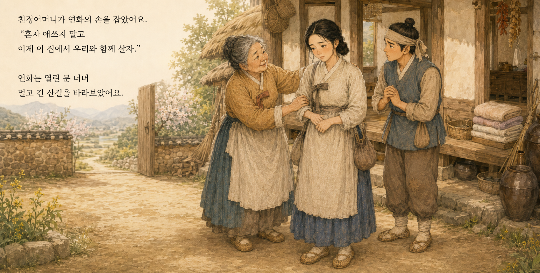 친정어머니가 연화의 손을 잡았어요. “혼자 애쓰지 말고 이제 이 집에서 우리와 함께 살자.” 연화는 열린 문 너머 멀고 긴 산길을 바라보았어요.