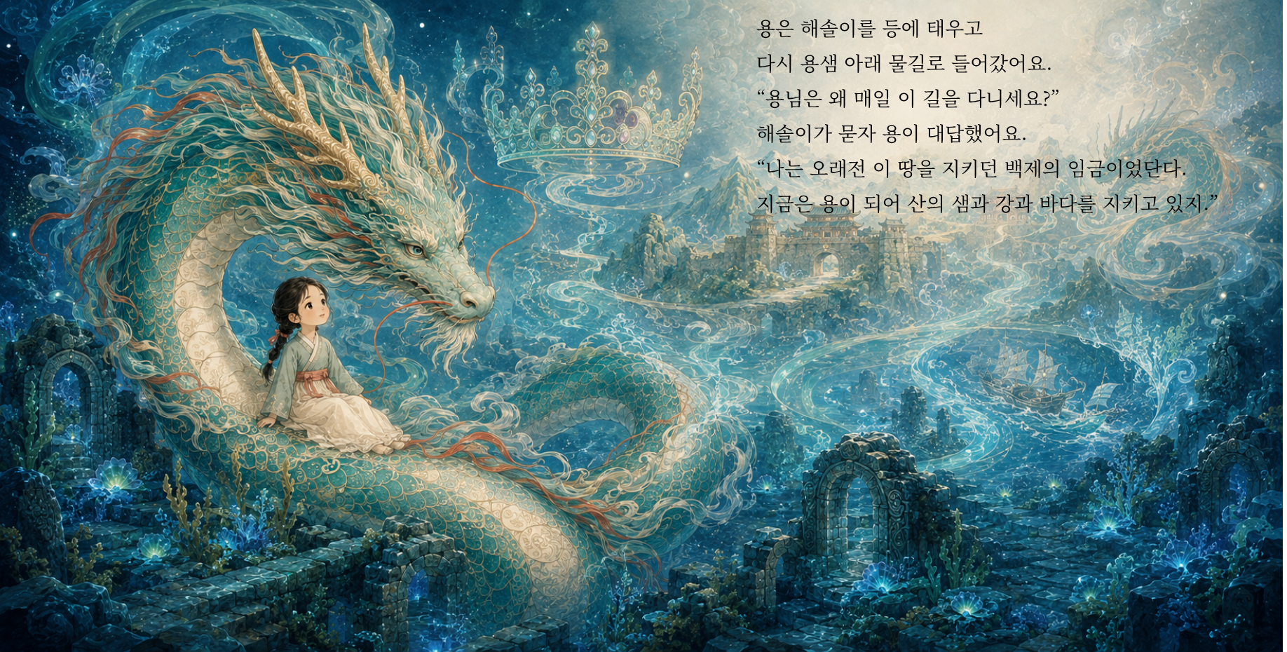 용은 해솔이를 등에 태우고 다시 용샘 아래 물길로 들어갔어요. “용님은 왜 매일 이 길을 다니세요?” 해솔이가 묻자 용이 대답했어요. “나는 오래전 이 땅을 지키던 백제의 임금이었단다. 지금은 용이 되어 산의 샘과 강과 바다를 지키고 있지.”