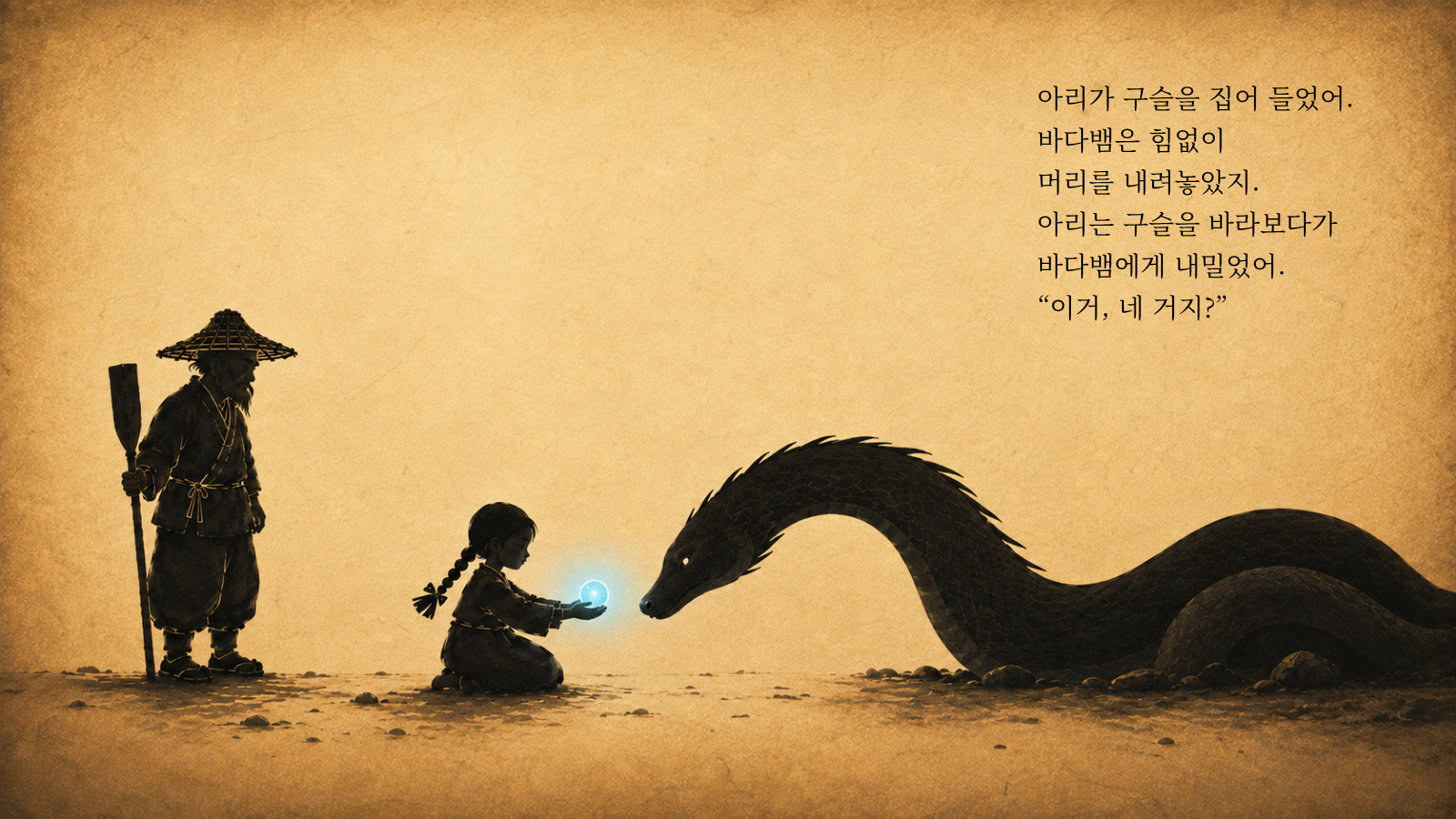 아리가 구슬을 집어 들었어. 바다뱀은 힘없이 머리를 내려놓았지. 아리는 구슬을 바라보다가 바다뱀에게 내밀었어. “이거, 네 거지?”