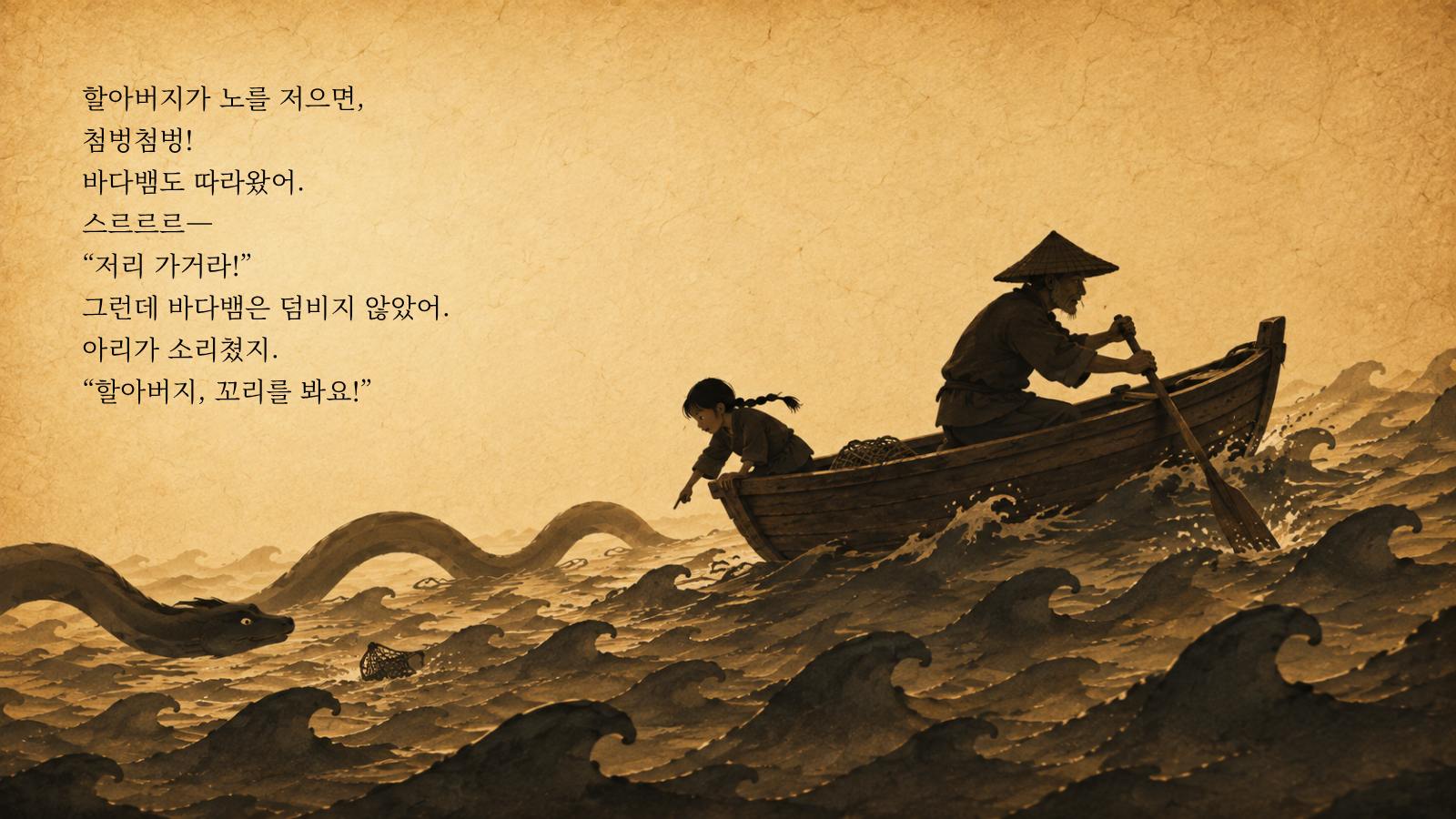 할아버지가 노를 저으면, 첨벙첨벙! 바다뱀도 따라왔어. 스르르르— “저리 가거라!” 그런데 바다뱀은 덤비지 않았어. 아리가 소리쳤지. “할아버지, 꼬리를 봐요
