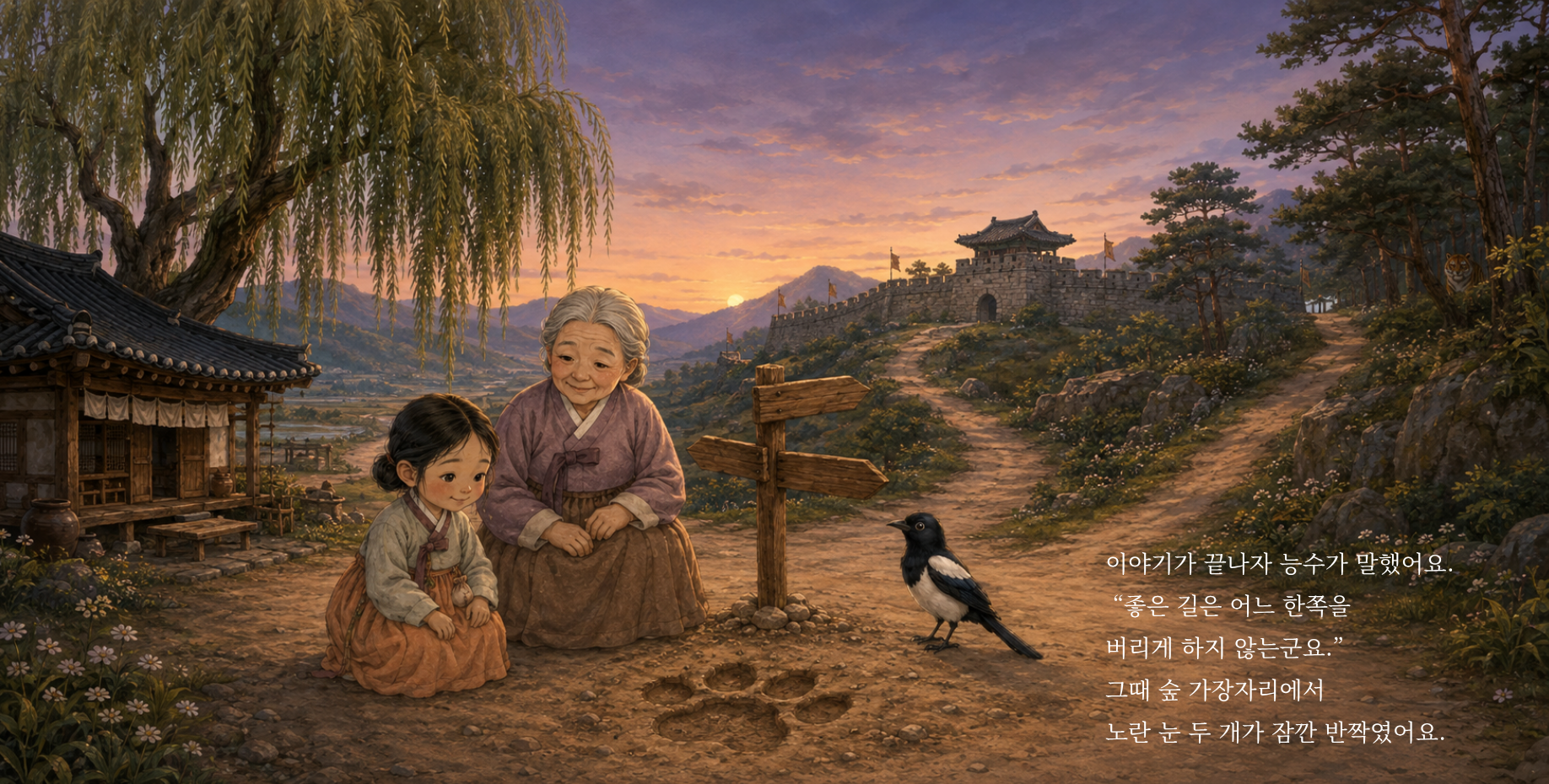 이야기가 끝나자 능수가 말했어요. “좋은 길은 어느 한쪽을 버리게 하지 않는군요.” 그때 숲 가장자리에서 노란 눈 두 개가 잠깐 반짝였어요.